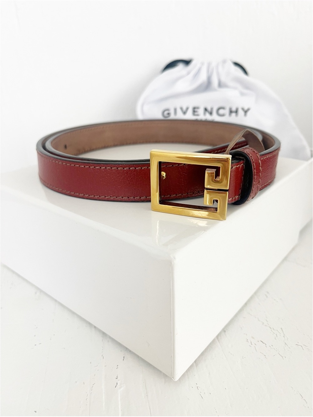 Givenchy GV3 20mm Leather Belt Terracotta Gold Double G Size 80